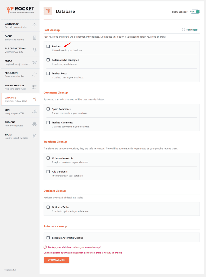 WP Rocket - Database Opschonen