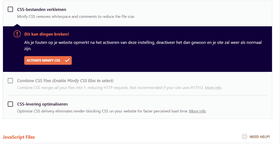 WP Rocket - Waarschuwing CSS bestanden verkleinen