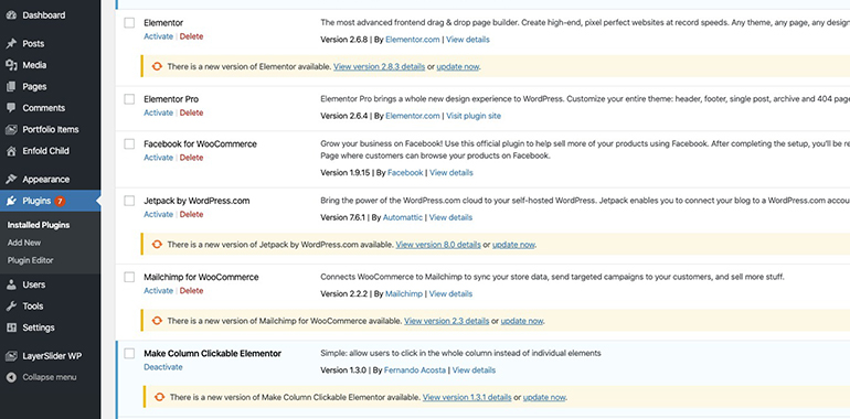 Overzicht WordPress dashboard met plugins die geupdate moeten worden